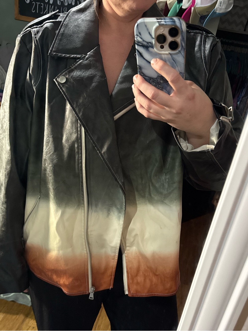 Ombré Faux Leather Moto Jacket – Black Cream Rust